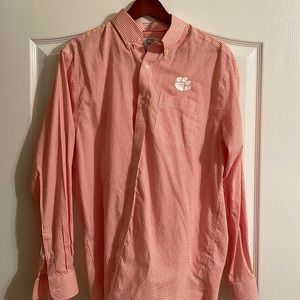 Cutter & Buck Orange and White Grid Check Clemson Button-Down